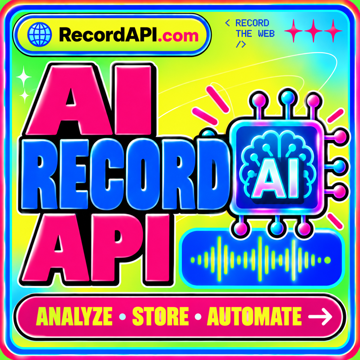 AI Record API neon typography card with RecordAPI.com branding and a multicolor border